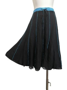 💙💙 Black Midi 100% silk Skirt with Blue Trim - Women's Flared Skirt